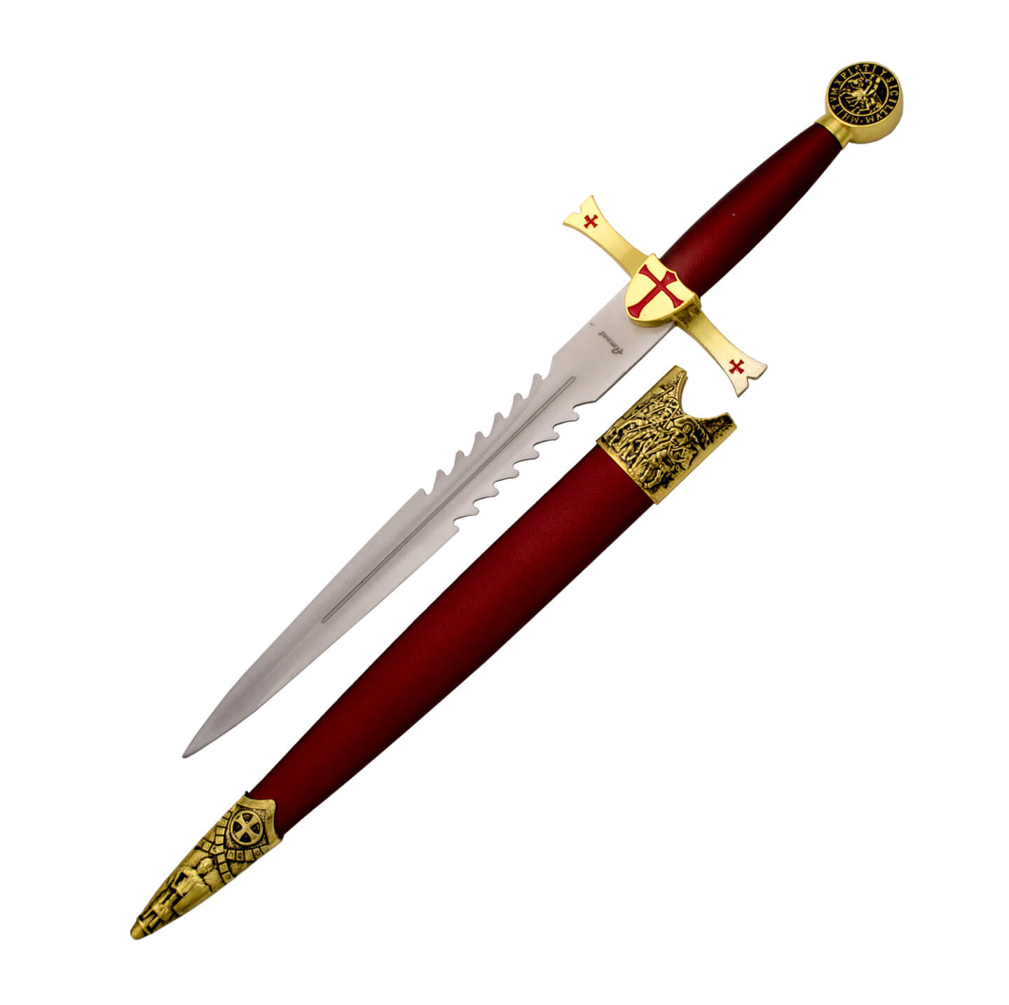 Daga templaria con hoja de 24,5 cm y mango rojo con escudo templa...