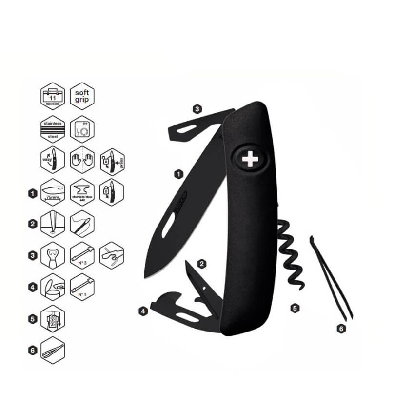 Navaja multiusos Swiza allblack con 11 funciones KNI.0033.1010