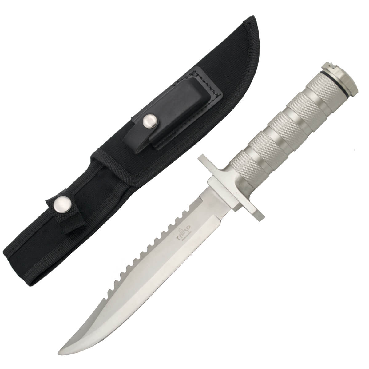 Cuchillo táctico satinado con accesorios de supervivencia satinado
