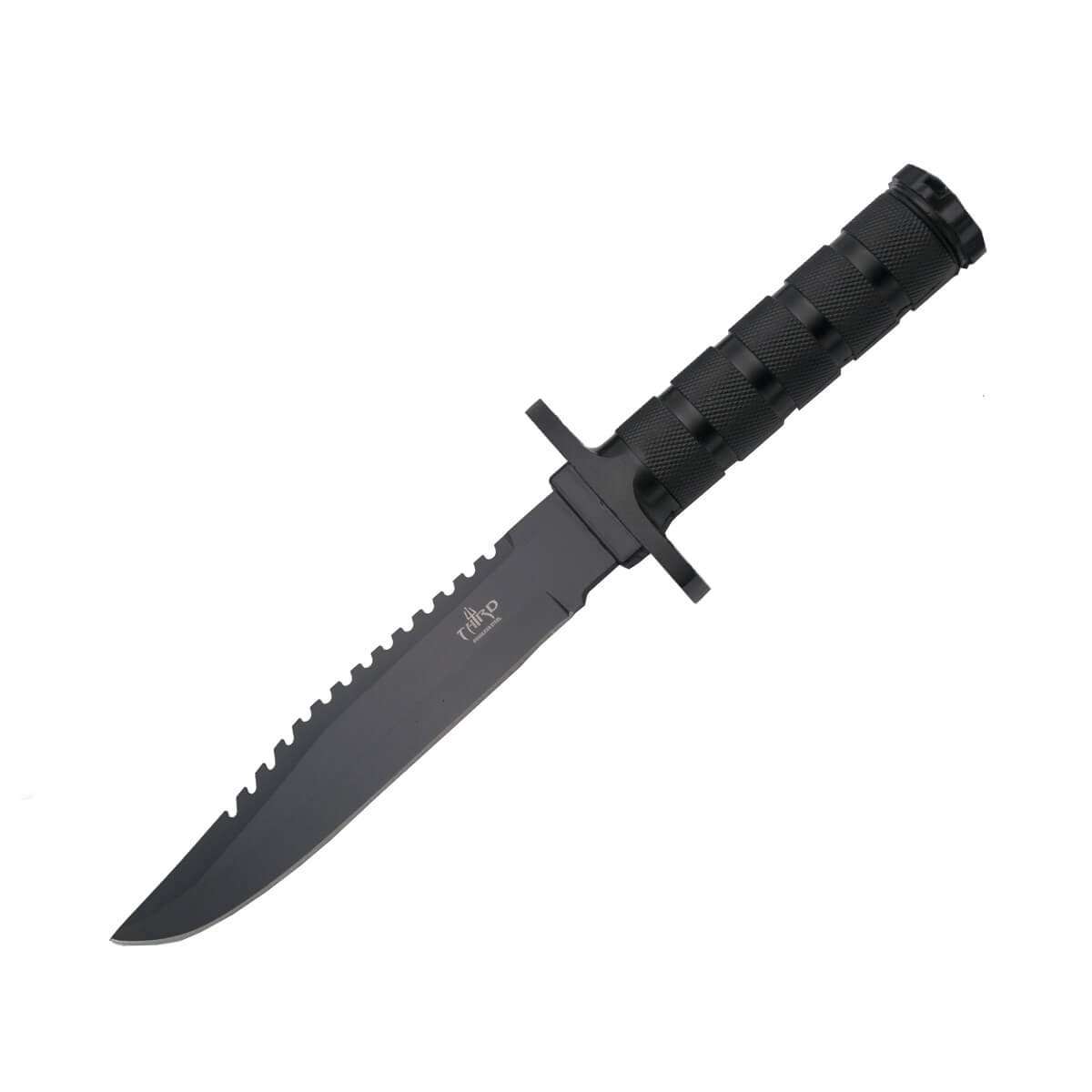 Cuchillo táctico negro con accesorios de supervivencia