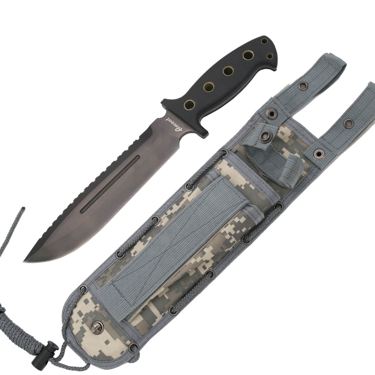 Couteau tactique avec lame en acier 440 noir de 22 cm et manche en G10 avec étui camouflage