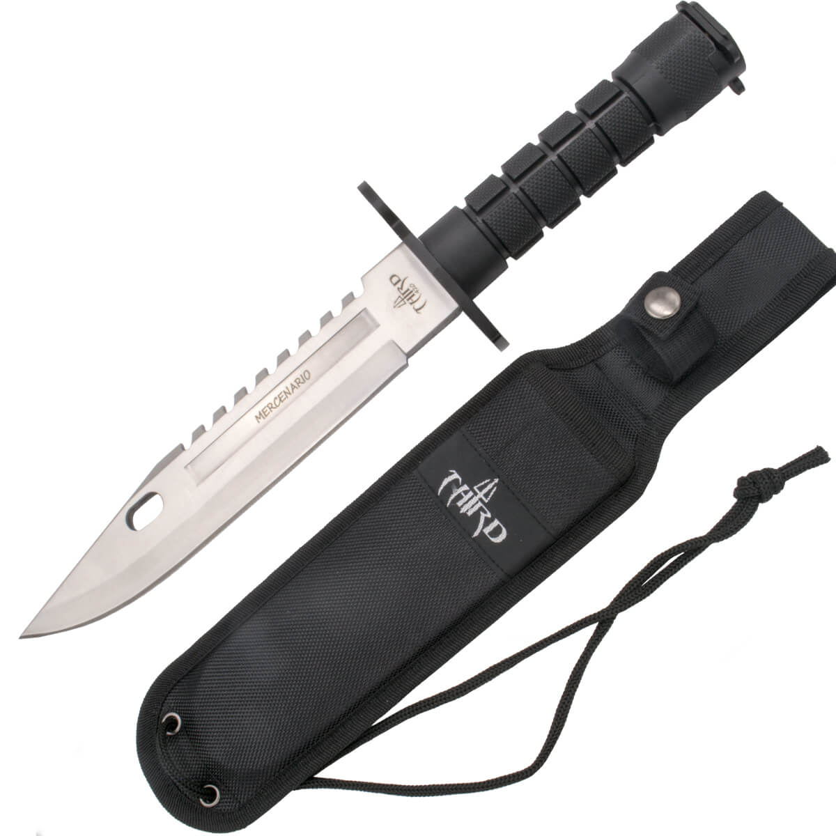 Cuchillo táctico con hoja satinada de 19.5 cm y mango de ABS negro