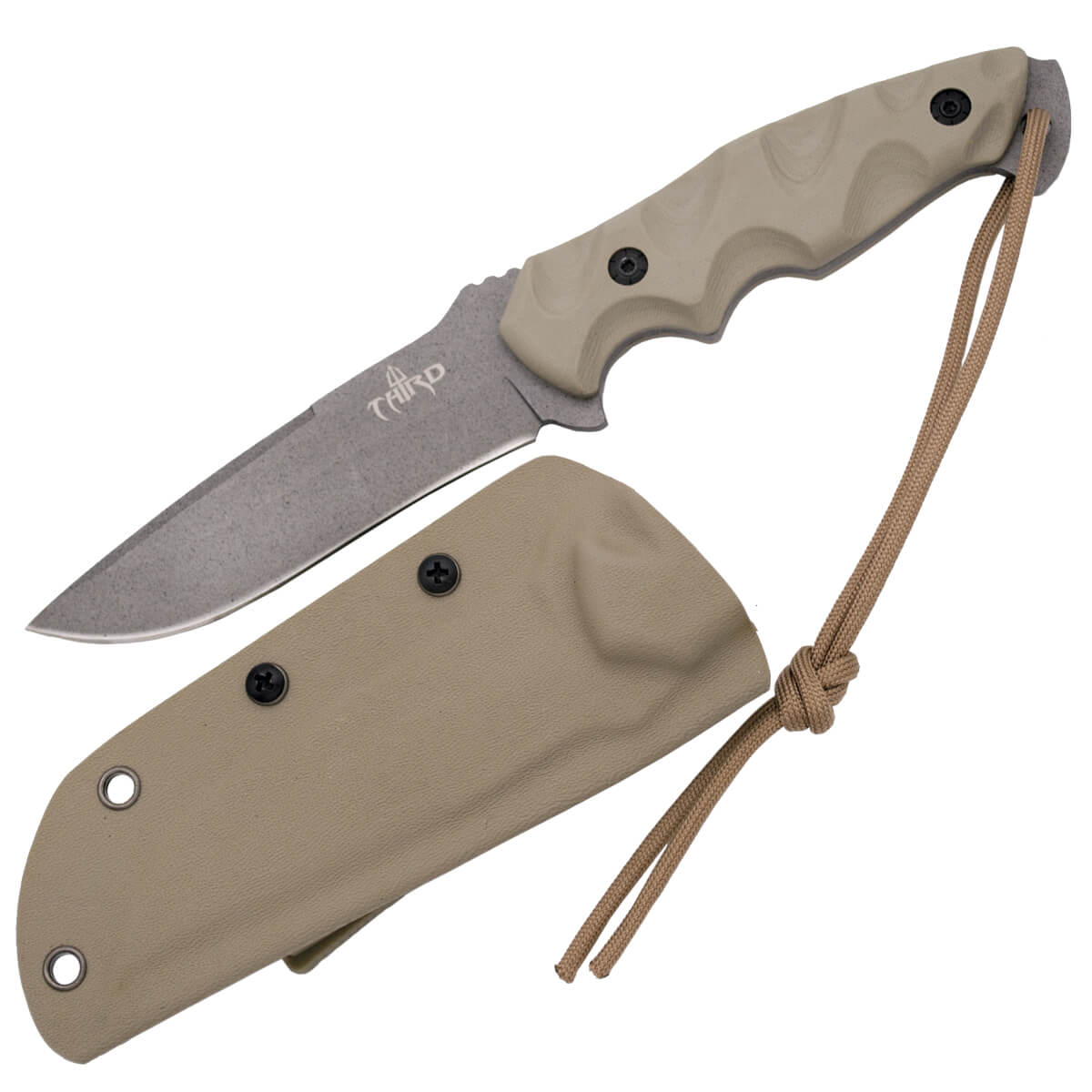 Faca tática com lâmina de titânio cinza e cabo camelo G10