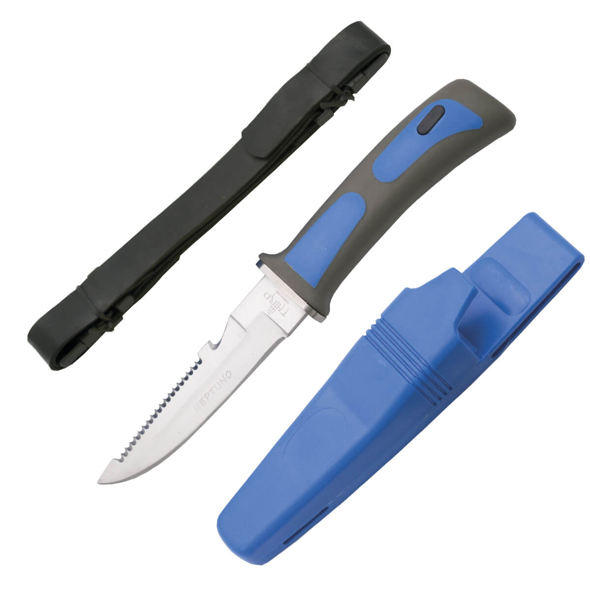 Cuchillo de submarinismo azul con funda de ABS azul