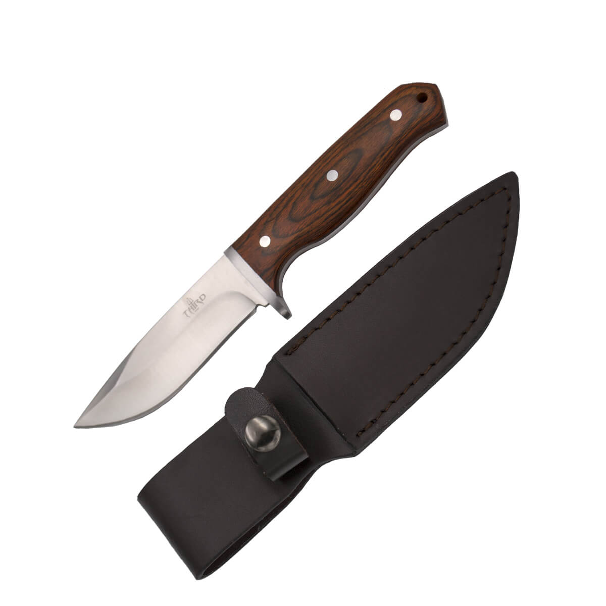 Cuchillo de caza enterizo con hoja de 10.6 cm y mango de madera con guarda de acero inox